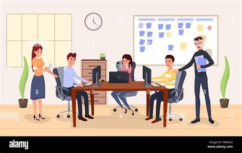 Team management, coworking vector illustration. Happy colleagues working together cartoon ...