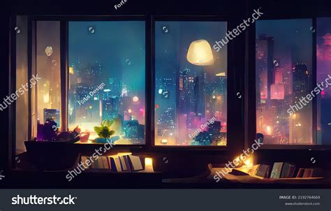 Window View City Night Lofi Anime Stock Illustration 2192764669 ...