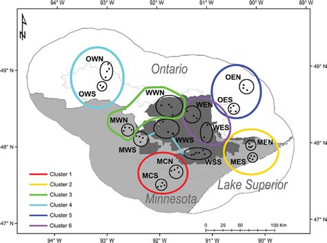 Map of cluster boundaries over the study area. Five of the six clusters ...