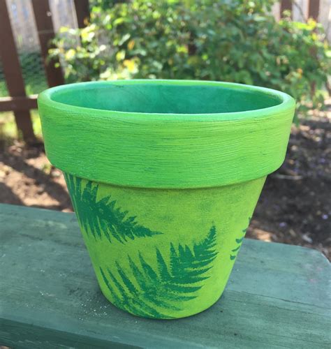 Hand Painted Terra Cotta Flower Pot - Personalized Green Fern Clay Flower Pot