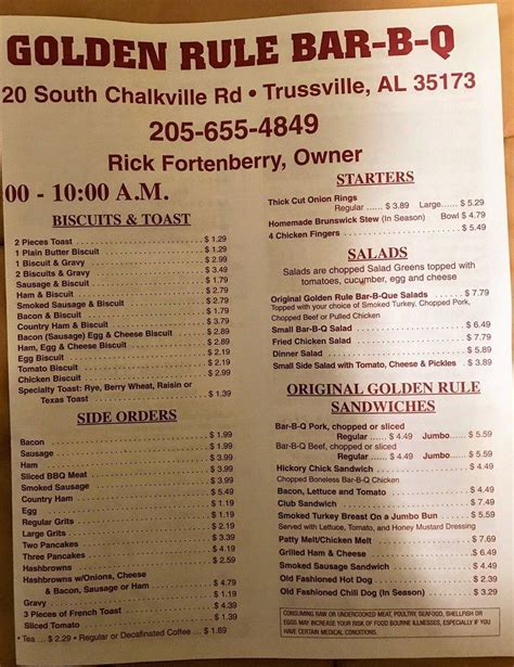 Menu at Golden Rule BBQ & Grill, Trussville, 120 S Chalkville Rd