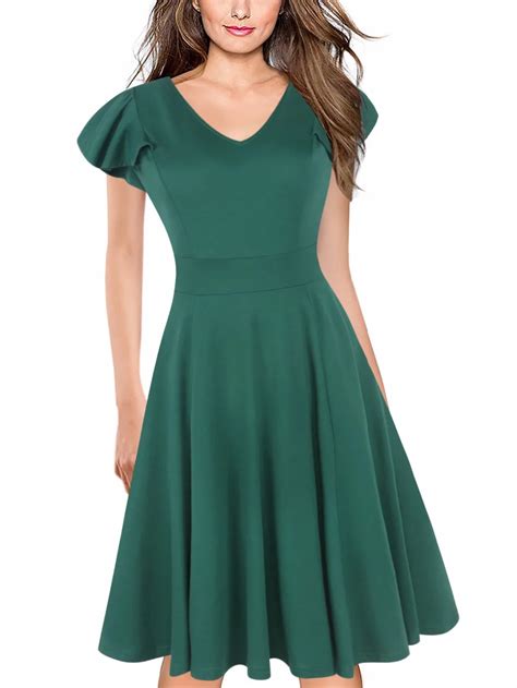 Ruffle Sleeve Plain Green Dress Women Vintage Party Wear To Work Office ...