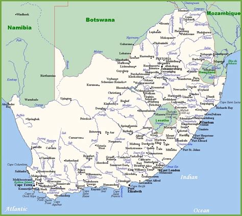 Map of South Africa with cities and towns