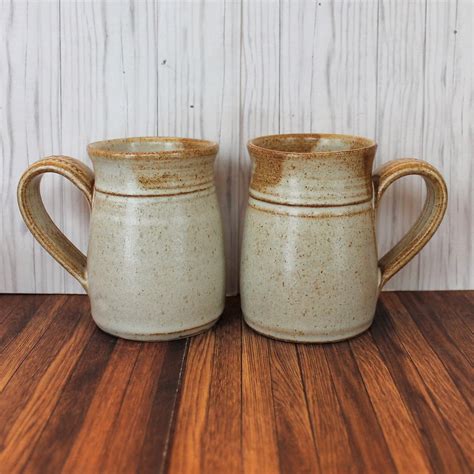 Vintage Stoneware Pottery Mug Coffee Cup Set of 2 Handmade Cream Beige Tan Rustic Style Mug