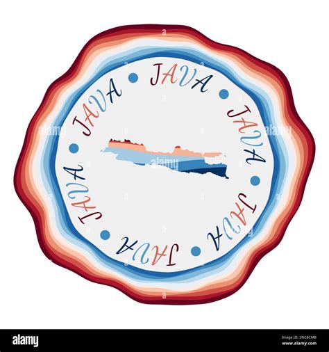 Java badge. Map of the island with beautiful geometric waves and vibrant red blue frame. Vivid ...