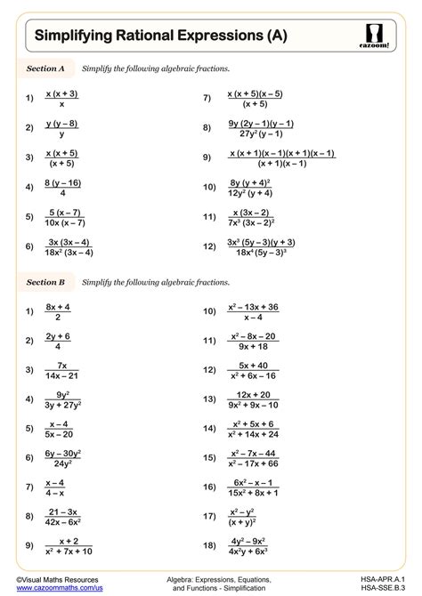 Simplifying Rational Expressions (A) Worksheet | Algebra II PDF Worksheets