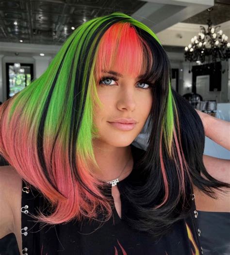 40 Crazy Hair Colour Ideas To Try in 2022 : Neon Green and Coral Dark Hair I Take You | Wedding ...