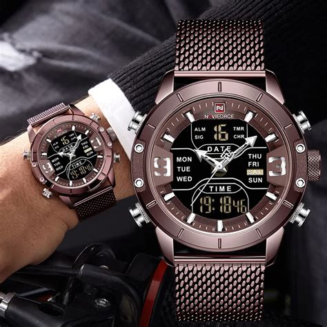 NAVIFORCE Analog Digital Watches Men Luxury Brand Stainless Steel Sports Men's Watches Digital ...