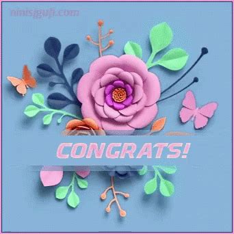 congratulations card with paper flowers and butterflies on blue background, text congrats ...
