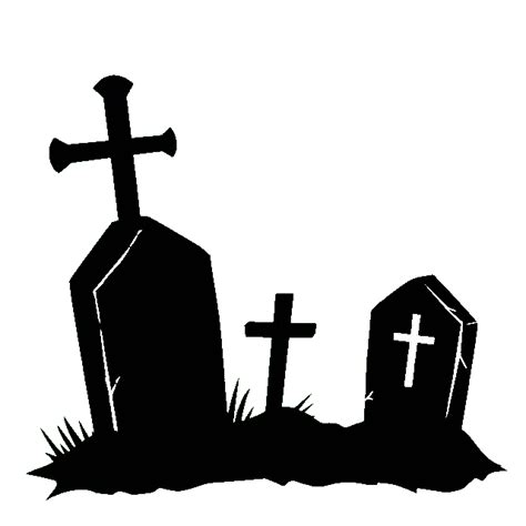 a black and white silhouette of two tombstones with crosses in the ground next to them