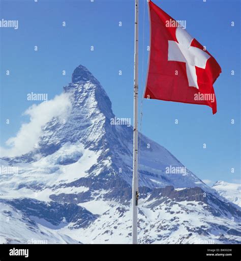 Matterhorn landmark mountain Swiss flag banner Switzerland Europe Valais Stock Photo - Alamy