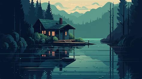 Premium AI Image | A painting of a cabin by the lake.