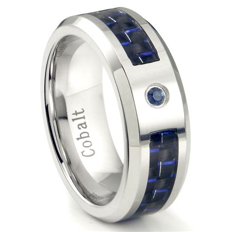 Cobalt Chrome 8MM Blue Sapphire & Blue Carbon Fiber Inlay Wedding Band Ring