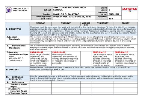 Filipino Daily Lesson Log Dll For Grade 7 12 1st 4th Quarter Deped - Deped K12 Materials New ...