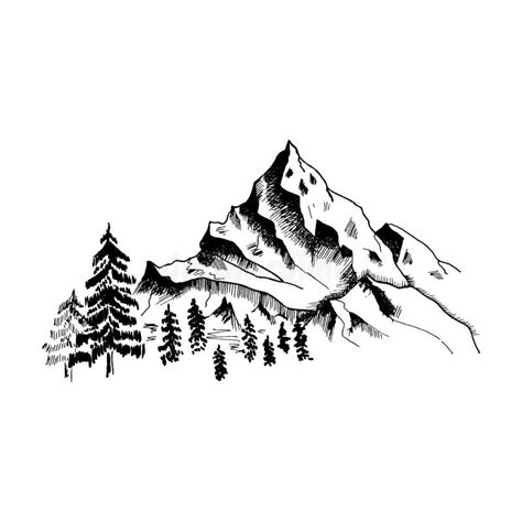 Mountain Sketch. Hand Drawn Black Mountains and Forest, Isolated on White Stock Vector ...