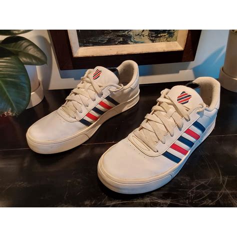 K SWISS Men's White Leather Sneakers with Blue/Red... - Depop