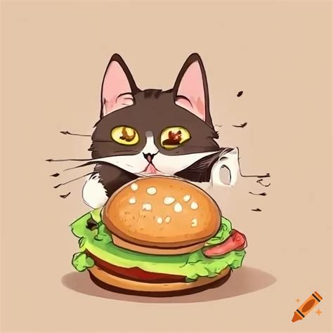 Anime-style drawing of a cat chasing a burger