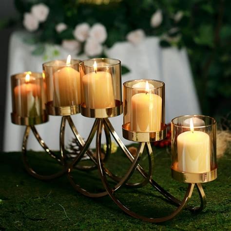 25" Wide | 5 Arm Gold Metal Votive Candle Holder Candelabra Centerpiece - Walmart.com - Walmart.com