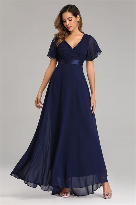 Flowy Chiffon Dark Navy Blue Prom Dress with V Neck Ruffled Sleeve – PromDress.me.uk