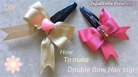 Satin ribbon bow | How to make satin ribbon double bow hair clip | kids bow hair clip - YouTube