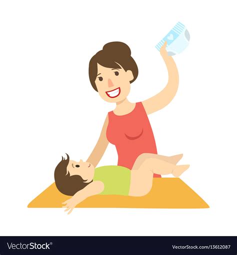 Mother changing nappy to a baby on changing table Vector Image