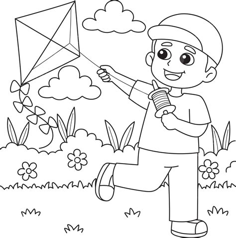 Coloring Page For Kids Boy Flying A Kite In Spring Vector, Ring Drawing ...