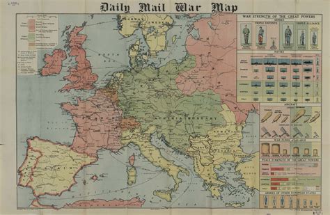 Daily Mail war map of Europe from around start of WW1 in 1914 showing ...