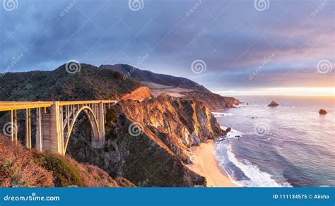 Bixby Creek Bridge on Highway 1 at Sunset Stock Image - Image of coast ...