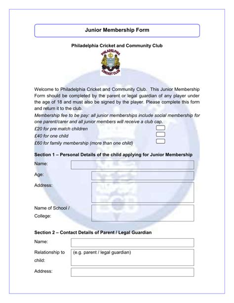 Junior Membership Form - Philadelphia Cricket and Community Club