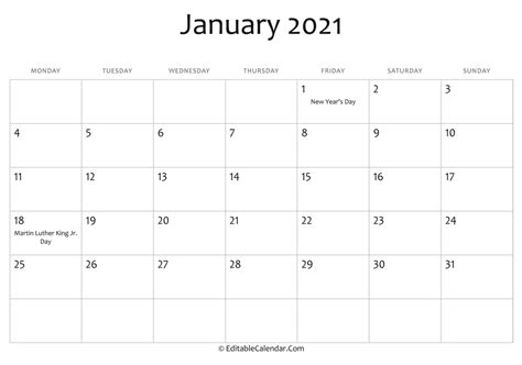 January 2021 Printable Calendar with Holidays