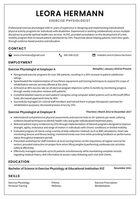 Exercise Physiologist Resume (CV) Example and Writing Guide