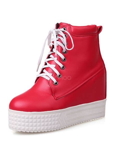 Women's Red Sneakers Round Toe Lace Up Platform PU High Top Casual ...