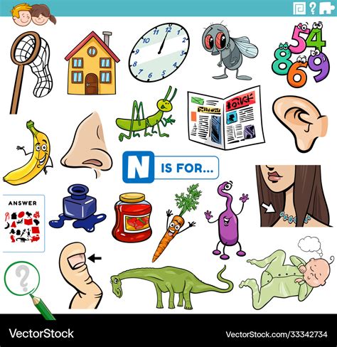 Letter n words educational task for children Vector Image