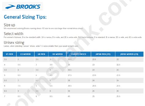 Brooks General Sizing Chart And Tips printable pdf download