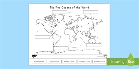 The Five Oceans of the World Map - Labelling Activity