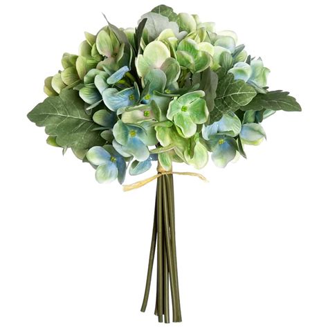 12" Hydrangea Bouquet | Blue | Green | Artificial | 12 pieces | Silk ...