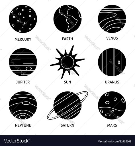 Solar system planets silhouettes icon set in thin Vector Image