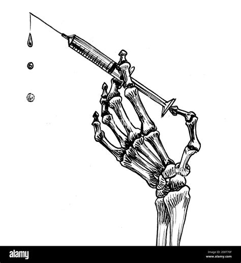 Skeleton hand with a syringe. Ink black and white drawing Stock Photo - Alamy