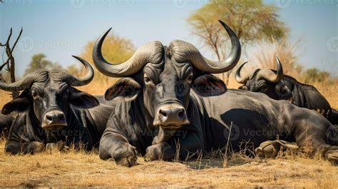 Photo of a herd of African Buffalo resting in an open area on the Savanna. Generative AI ...