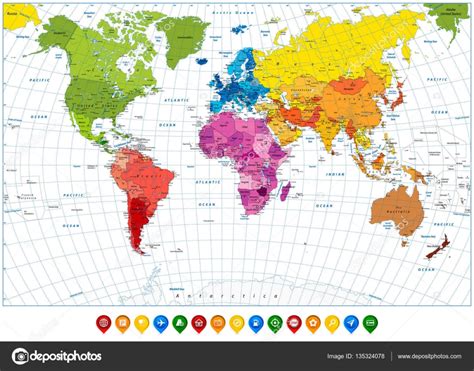 Mapa del mundo detallado spot colors and colorful map pointers vector ...