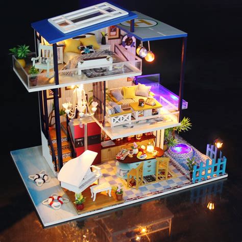 LED Light Miniature Provence Dollhouse DIY Kit Wooden Doll House Model Kids Toy with Furniture ...