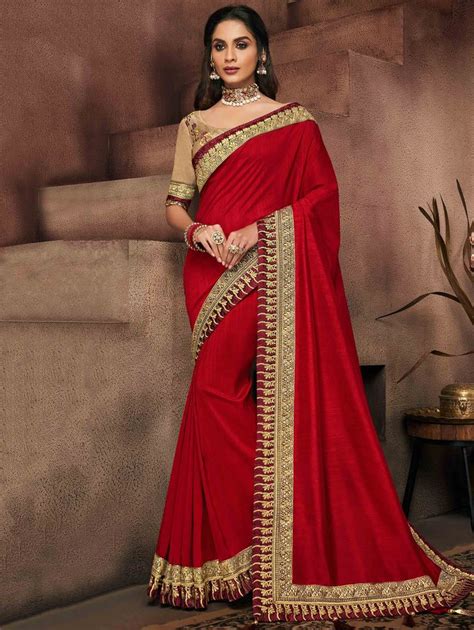 Red Silk Plain Saree with Embroidered Border | Party wear sarees ...