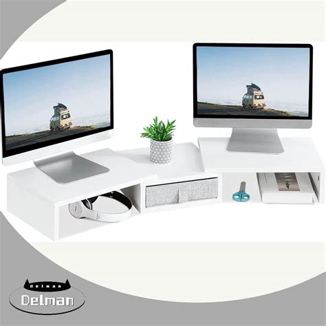 Delman Dual Monitor Stand, White Monitor Riser With Drawer Length & Angle Adjustable Desktop ...