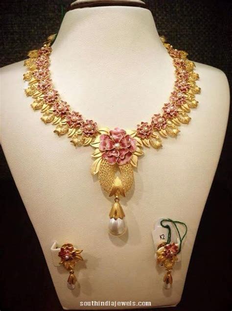 Designer Gold Floral Necklace with Earrings ~ South India Jewels