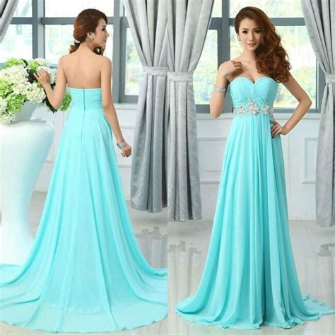 Stunning Teal Chiffon Dresses Light Blue Prom Dress A Line Sweetheart Ruched Sweep Train ...