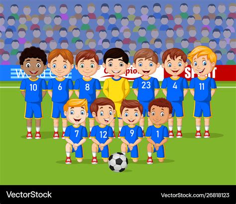Cartoon soccer kids team at a stadium Royalty Free Vector