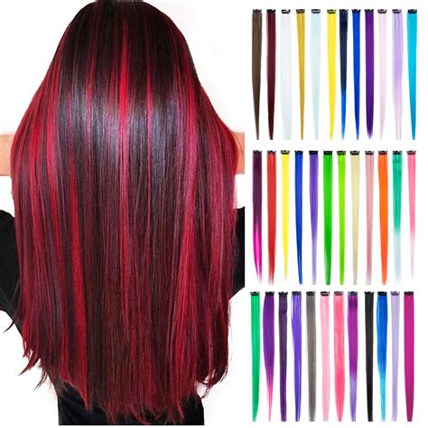 Colored Clip in Hair Extensions, Colorful Straight Long Hair Extensions Party Highlights Clip in ...