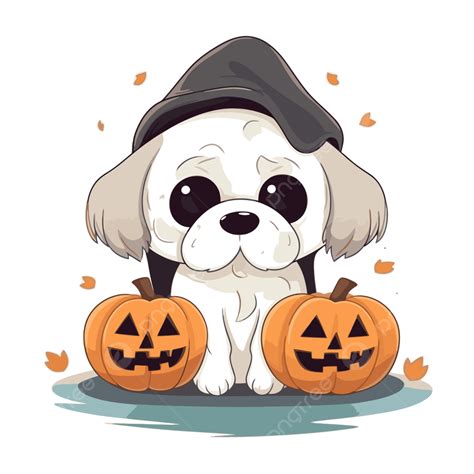 Cute Halloween Dog Vector, Sticker Clipart Small Dog In A Spooky Hat With A Pumpkin Cartoon ...