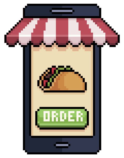 Pixel art mobile phone ordering mexican taco in food app vector icon for 8bit game on white ...