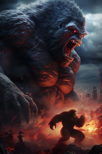 Premium AI Image | godzilla and kong vs an evil red kong in the middle out on a stormy night in ...